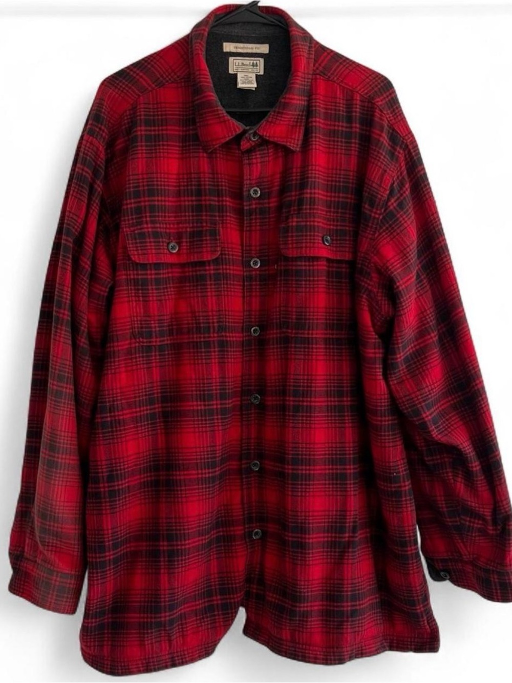 LL Bean red plaid men lumberjack shacket, fleece lining 2XL